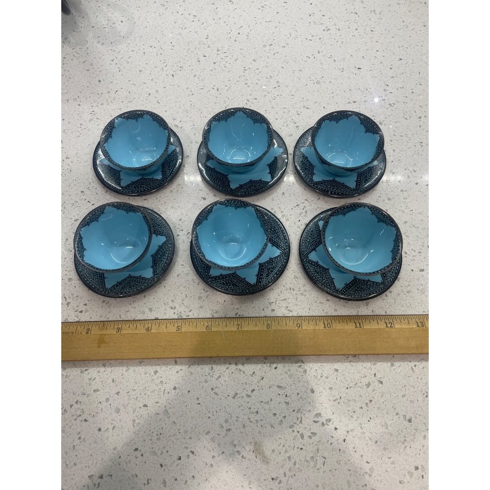 Vintage 12 pc Turkish coffee cups saucers Star of David Hand Made Hareli Israel